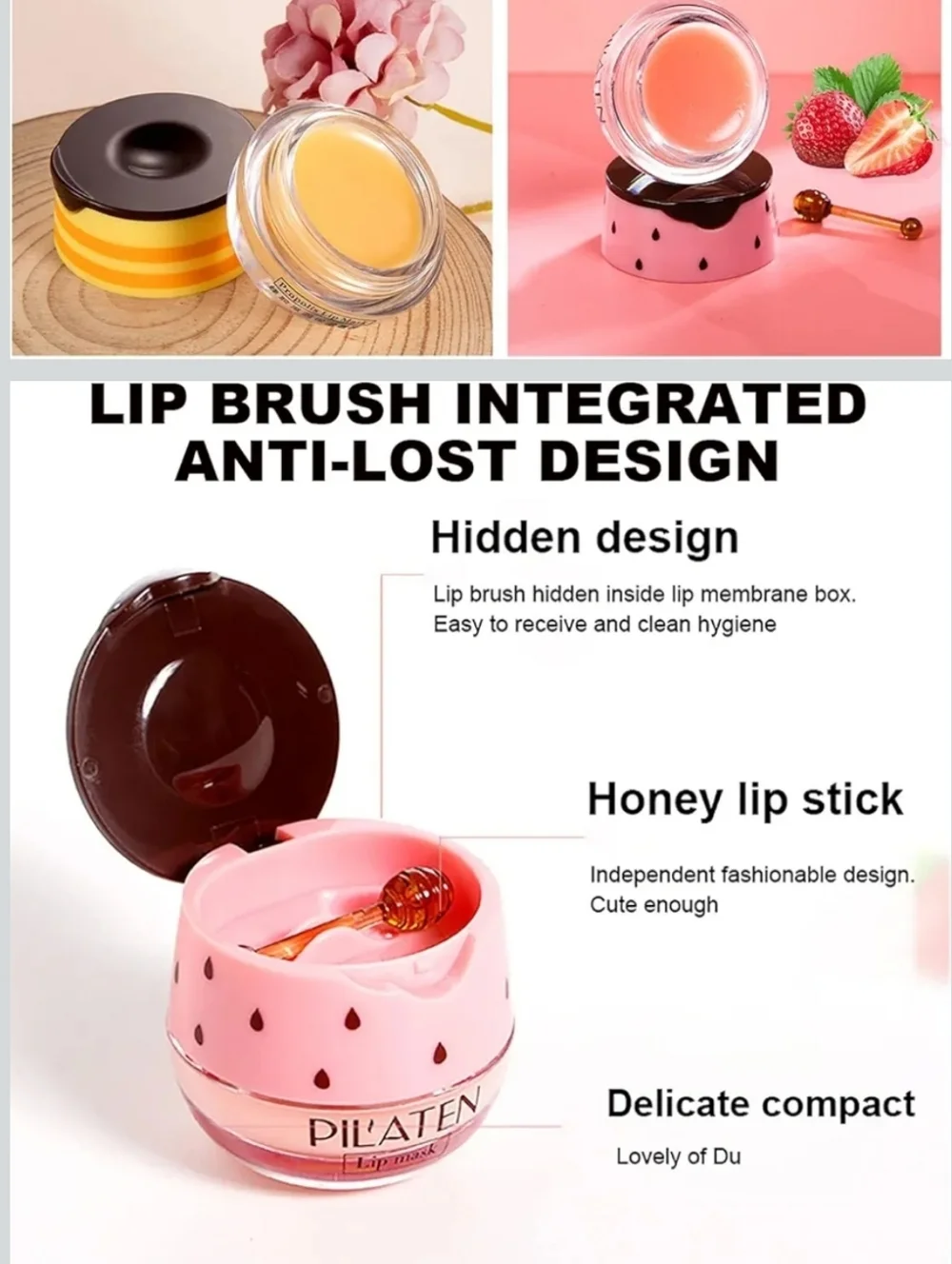 Strawberry & Honey Lip Balm Natural Beeswax Hydrating + Honey Dipper Applicator